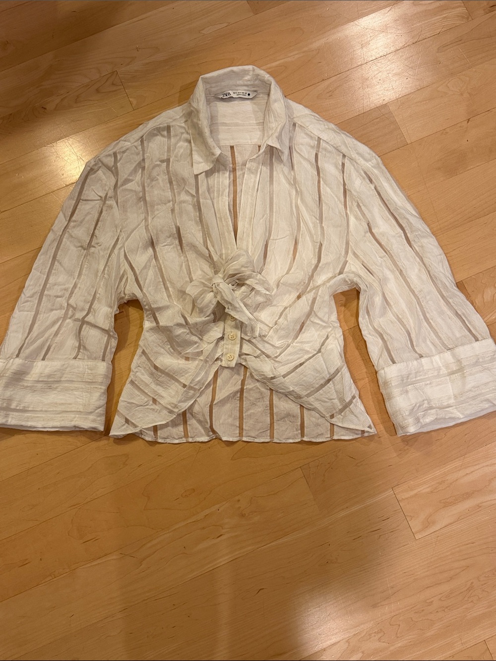 Zara White Striped Tie-Front Button Down Shirt